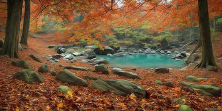 Autumn forest with a pond and fallen leaves in the foreground.の素材