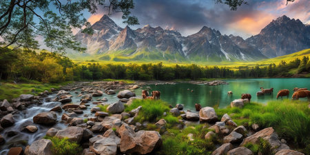 Fantastic panoramic landscape with mountain lake and high peaksの素材
