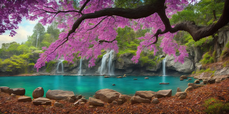 Beautiful spring landscape with blooming sakura trees and waterfall.の素材