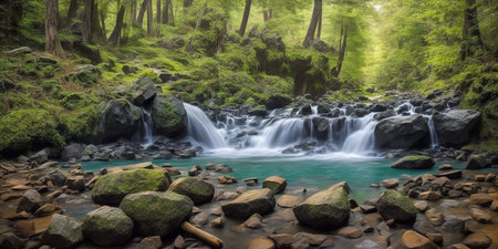 Beautiful waterfall in the forest. Panoramic view of a waterfall in the forest.の素材