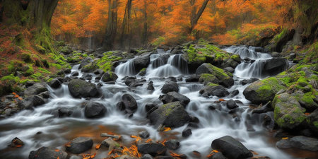 Autumn forest river flowing through the rocks and stones, long exposureの素材