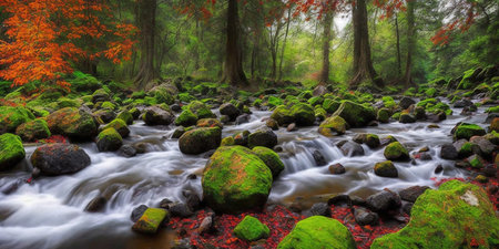 Autumn forest stream with mossy boulders and colorful leaves.の素材