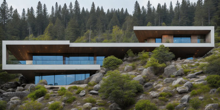 Modern building in the middle of the forest. 3d rendering.の素材
