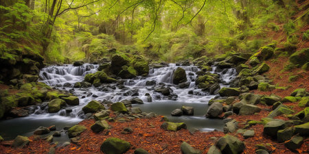 Long exposure of a waterfall flowing through a forest in the springtimeの素材