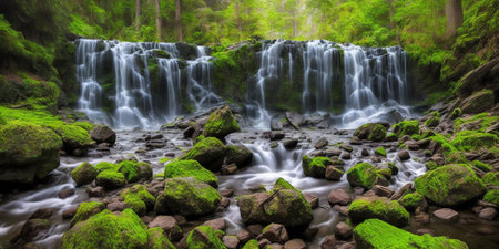 Panoramic view of beautiful waterfall in green summer forest. Beauty in nature.の素材