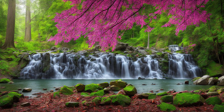 Waterfall in deep forest with pink cherry blossoms and green mossの素材