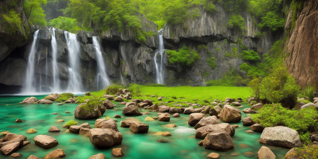 Panorama of waterfall in the forest and green river in thailandの素材