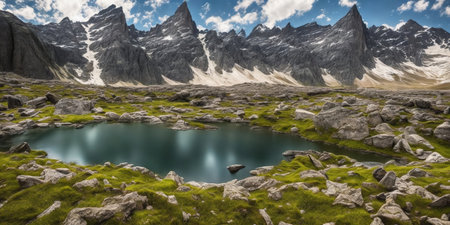 Panoramic view of a mountain lake in the middle of natureの素材