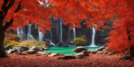 Beautiful autumn landscape with waterfall and lake. 3D Renderingの素材