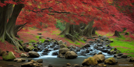 Autumn landscape in the forest with a waterfall and red maple leavesの素材