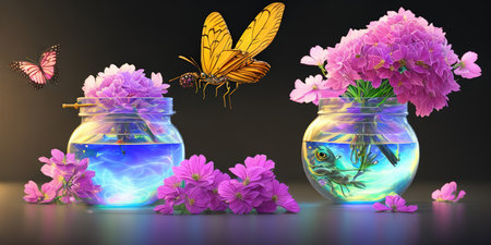 Beautiful flowers in a glass vase with butterfly. 3D renderingの素材