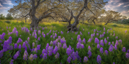Lupine field and oak trees in the background at sunset.の素材