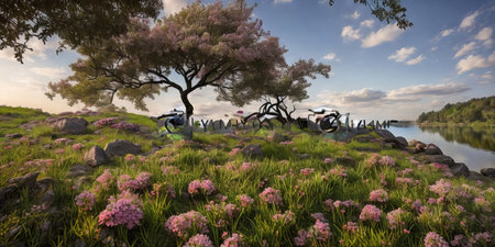 Cyclists on the bank of the lake with pink flowers.の素材
