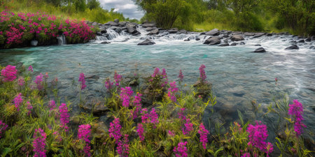 Panoramic view of a mountain river with pink flowers in summerの素材