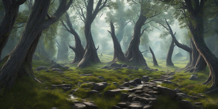 Fantasy forest with trees and fog. 3d render illustration.の素材