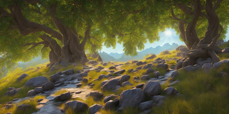 Fantasy landscape with old oak trees. 3d render illustration.の素材