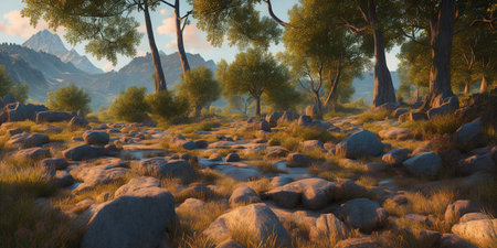 Mountain landscape with rocks and trees at sunset. 3d renderの素材