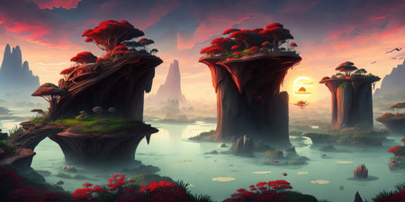 Fantasy landscape with a fantasy island. 3d render illustration.の素材