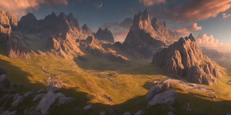 Fantasy alien planet. Mountain. 3D illustration of a fantasy landscape.の素材