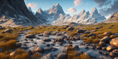 Fantasy alien planet. Mountain and lake. 3D illustration.の素材