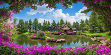 3D rendering of a beautiful Japanese garden with a wooden house and flowersの素材