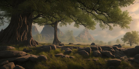 Fantasy landscape with old tree in the forest. 3d renderの素材