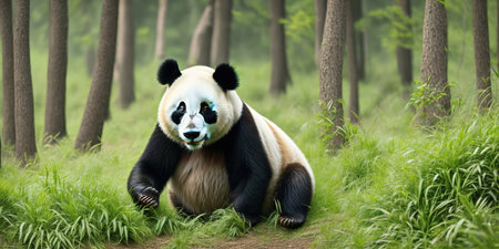 A giant panda in the forest eats bamboo. Pandas are native to Asia.の素材