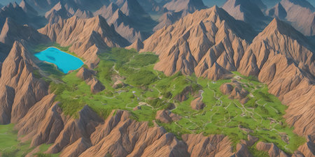 Fantasy alien planet. Mountain and lake. 3D illustration.の素材