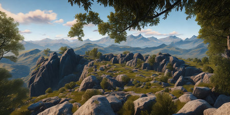 Panoramic view of the mountains and the valley in the morningの素材