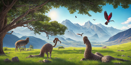 Giraffe and giraffe in the meadow. 3D renderingの素材