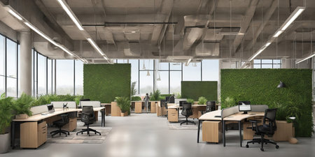Interior of modern open space office with green walls, concrete floor and rows of computer tables with black chairs. 3d renderingの素材