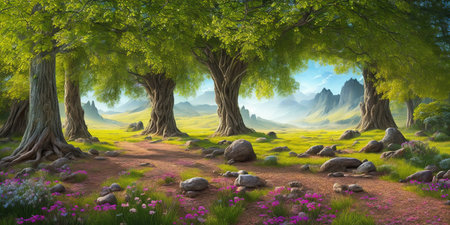 Fantasy landscape with old trees and flowers. 3D illustration.の素材