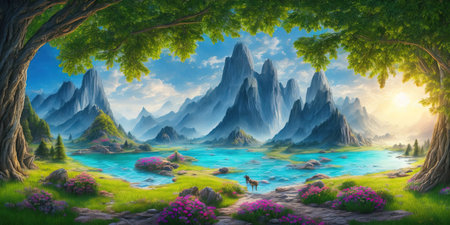 Fantasy landscape with mountains and lake. Fantasy forest. Digital painting.の素材