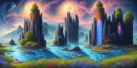 Fantasy landscape with a river and high mountains. 3d renderingの素材