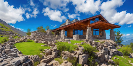 Panoramic view of mountain landscape with modern chalet in summerの素材