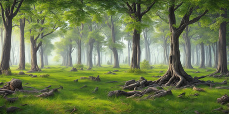 Fantasy green forest landscape with trees and grass. 3d renderの素材