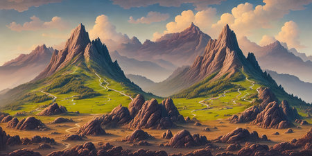 Fantasy landscape with mountains and road. Digital painting. 3d illustrationの素材