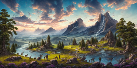 Fantasy landscape with wild animals in the meadow. 3D illustrationの素材