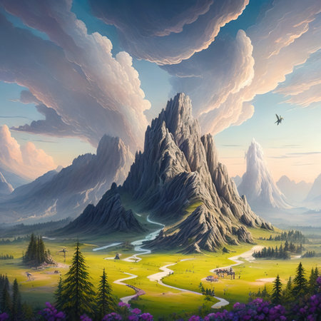 Fantasy landscape with mountains, road and clouds. 3d illustrationの素材