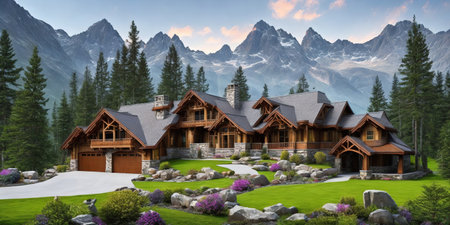 3d rendering of modern cozy chalet in mountains. Massive mountains in the backgroundの素材