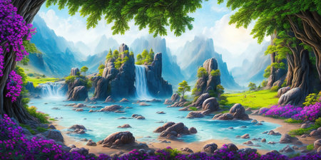 Fantasy fantasy landscape with a waterfall in the forest. 3d renderingの素材