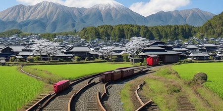 Railway station and rice terraces in Japan. 3D renderingの素材
