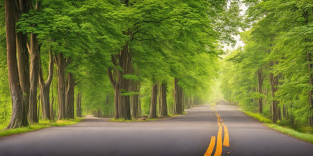 Asphalt road through the green forest. Summer landscape. Panoramaの素材