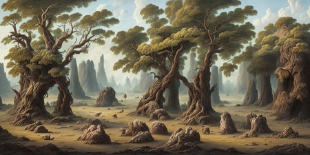 3D rendering of a fantasy forest with large trees and sand.の素材
