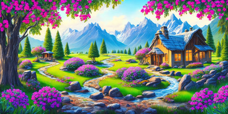 Fantasy landscape with huts, mountain and flowers. Digital painting.の素材