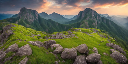 Panoramic view of the mountains at sunset. Beautiful summer landscapeの素材