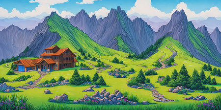 Wooden house in the mountains. Cartoon style. Vector illustration.の素材