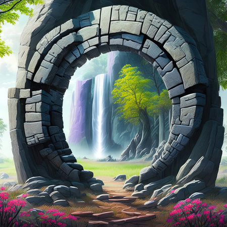 Fantasy landscape with waterfall and stone arch, 3d illustration.の素材