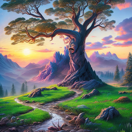 Fantasy landscape with a big tree and a path in the mountains.の素材