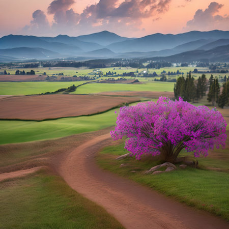 beautiful spring landscape with tree and road to the mountains at sunsetの素材